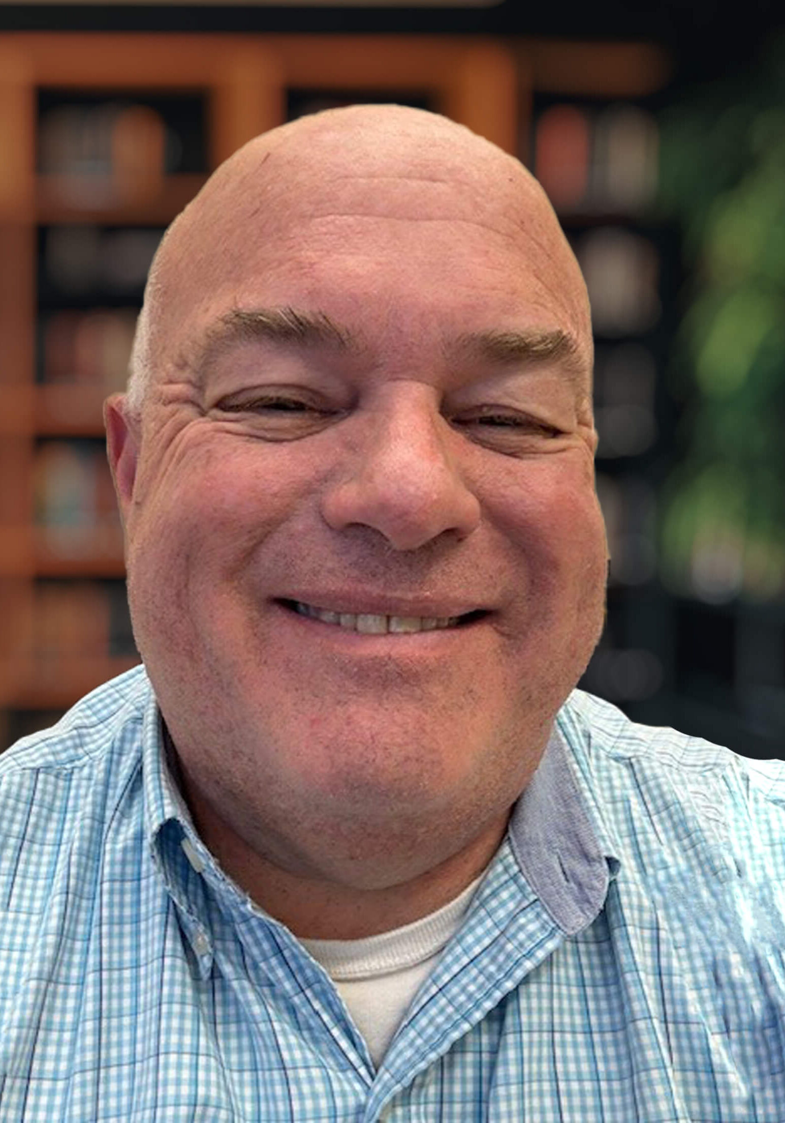 Defocused Background of Modern home library with dark shelves filled with books and lush greenery in a sunlit room. Blurred Background Photo.
